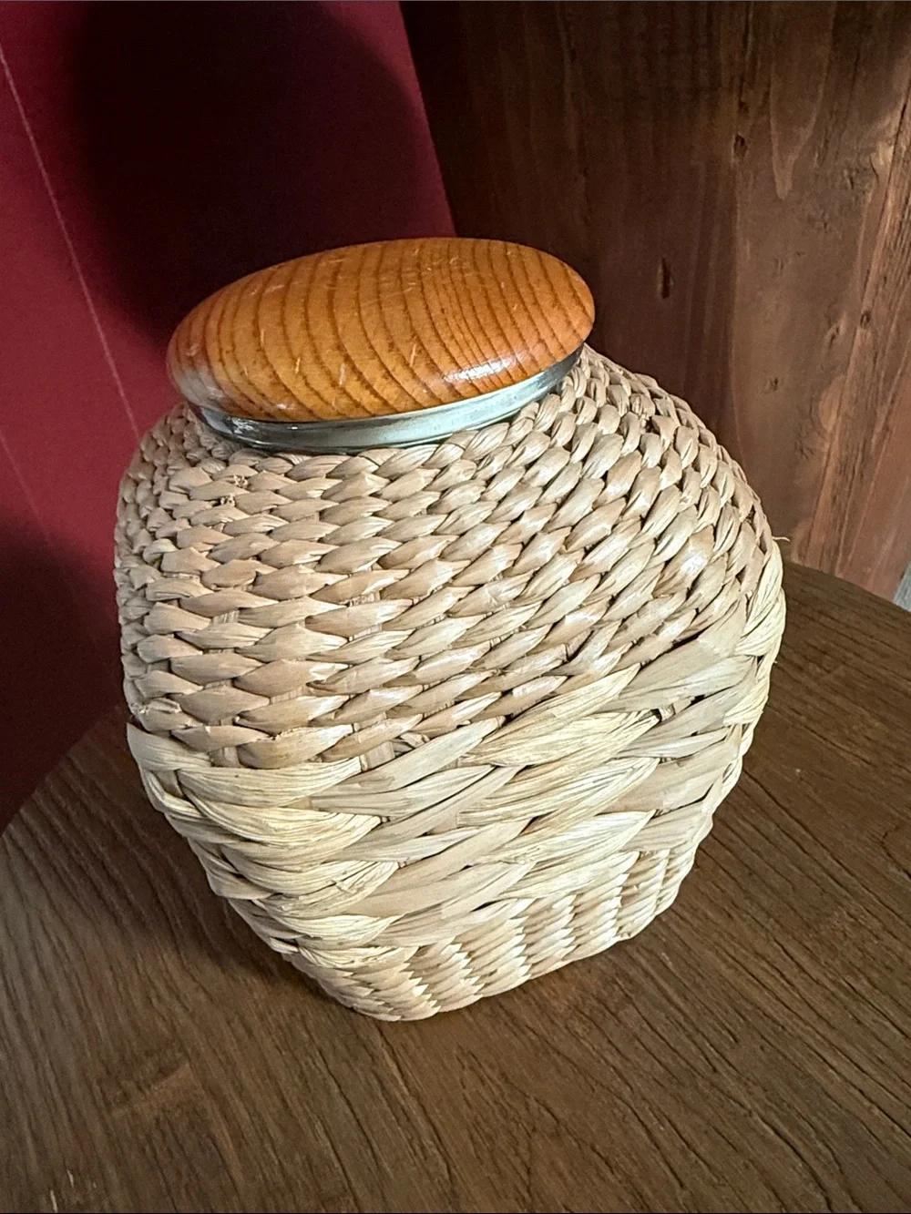 Small Glass Jar Woven Wicker Wrap with lid. Beautiful